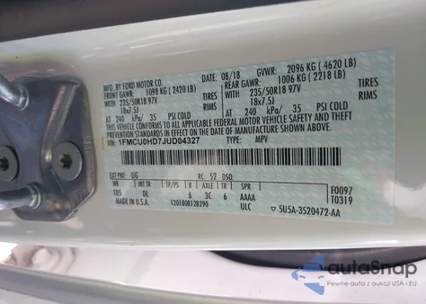 2018 Ford Escape Sel из США, поврежденный, VIN 1FMCU0HD7JUD04327